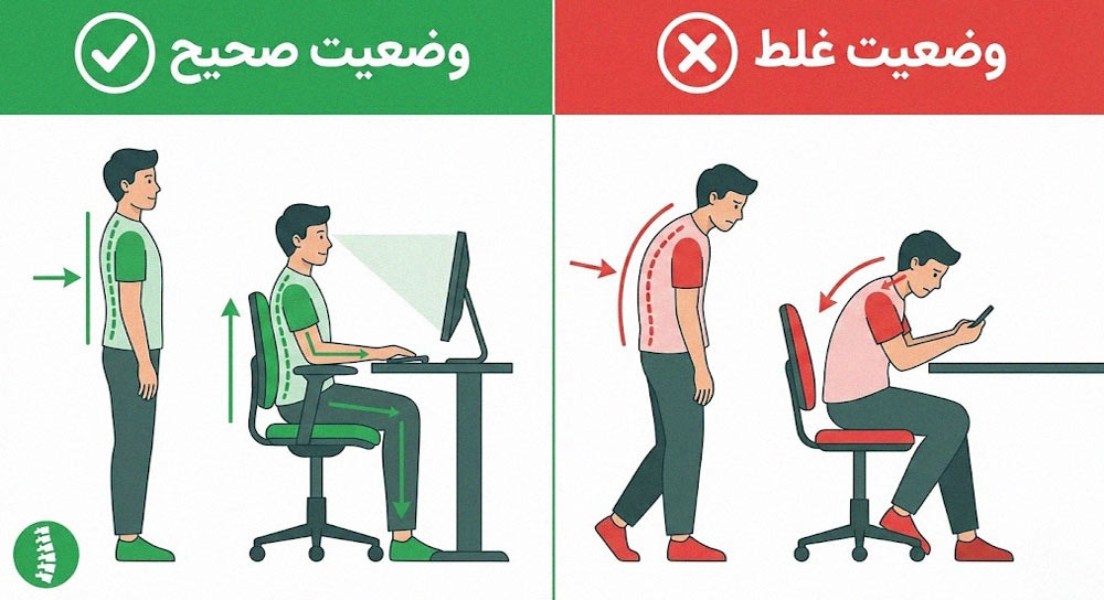 مقایسه وضعیت بدنی صحیح و غلط در ایستادن و نشستن برای سلامت ستون فقرات